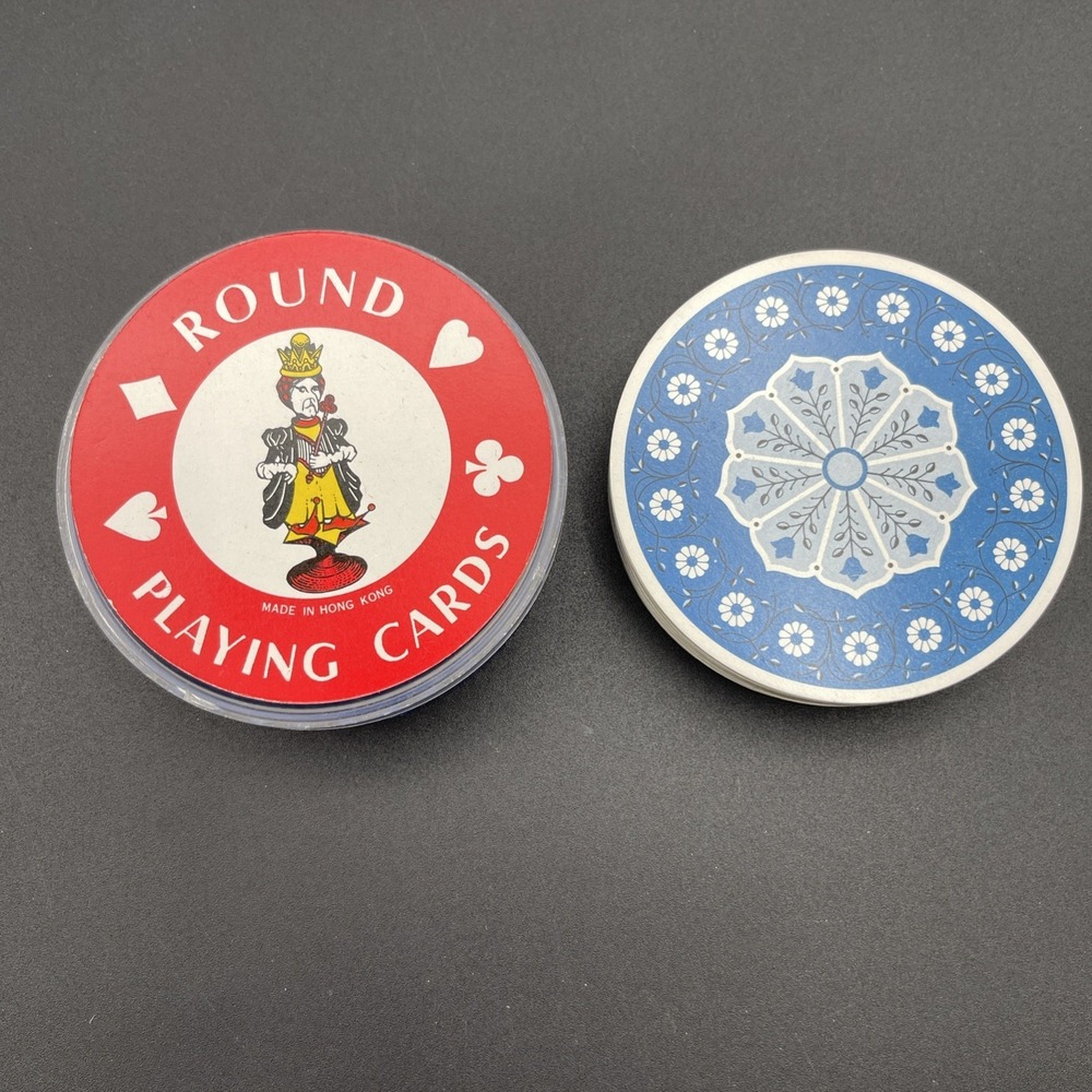 Vintage Round Playing Cards Hong Kong Plastic Case Novelty Poker Deck 1075